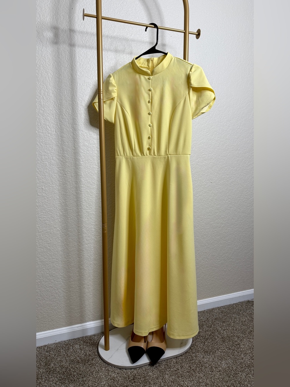 Pale Yellow Midi Dress with Mandarin Neck